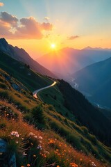 Serene mountain vista with a winding road disappearing into the distance, bathed in the golden light of sunset  Perfect for travel, adventure, and nature themes , wanderlust, sunset, relaxing