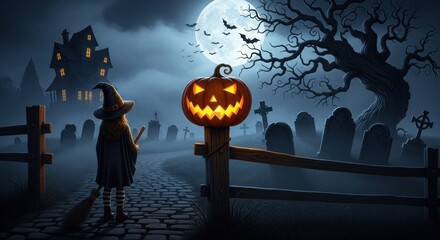 Little witch standing in a spooky graveyard on Halloween night with pumpkin