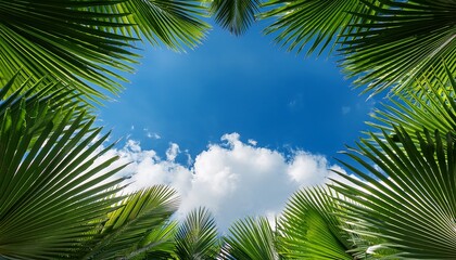 Fototapeta premium a vibrant blue sky framed by lush green palm leaves with fluffy white clouds floating above