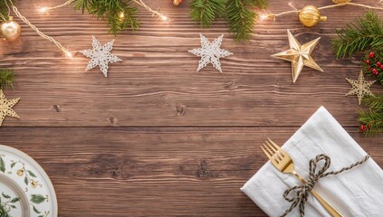 Obraz premium Festive holiday dinner setup featuring a plate and gold utensils on a light wooden surface with seasonal ornaments and decorations, overhead view with empty space