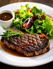 A flavorful grilled steak, garnished with fresh herbs, served alongside a vibrant vegetable salad on a white plate.