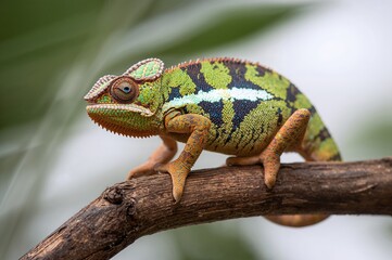 Stunning panther chameleon perched on a wooden branch