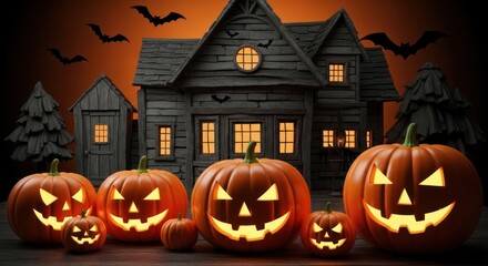 Spooky halloween pumpkins glowing in front of a haunted house at night