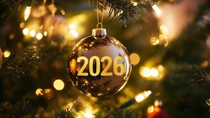 A golden ornament marked with the year 2026 hangs from a Christmas tree surrounded by twinkling lights as holiday festivities begin - Powered by Adobe