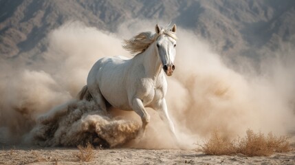 Obraz premium The galloping horse is flying with dust