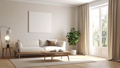 Fototapeta premium Bright and minimalist living room with a white sofa, wooden furniture, a large window, and a potted plant.