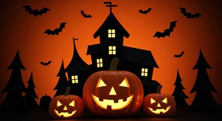 Spooky halloween scene with pumpkins haunted house and bats in the night