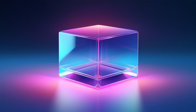 glass cube glowing in neon pink and blue light futuristic transparent geometric shape on gradient background abstract modern minimal object holographic illumination 3d prism artistic design concep