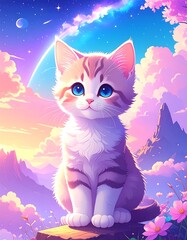 A whimsical, pastel-toned digital illustration of a kitten, seated atop a rock, gazing at a picturesque landscape of mountains, clouds, and flowers under a vibrant sunrise sky.