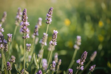 Obraz premium Lavender flowers in full bloom against a soft green backdrop. Springtime theme. Banner for web use.