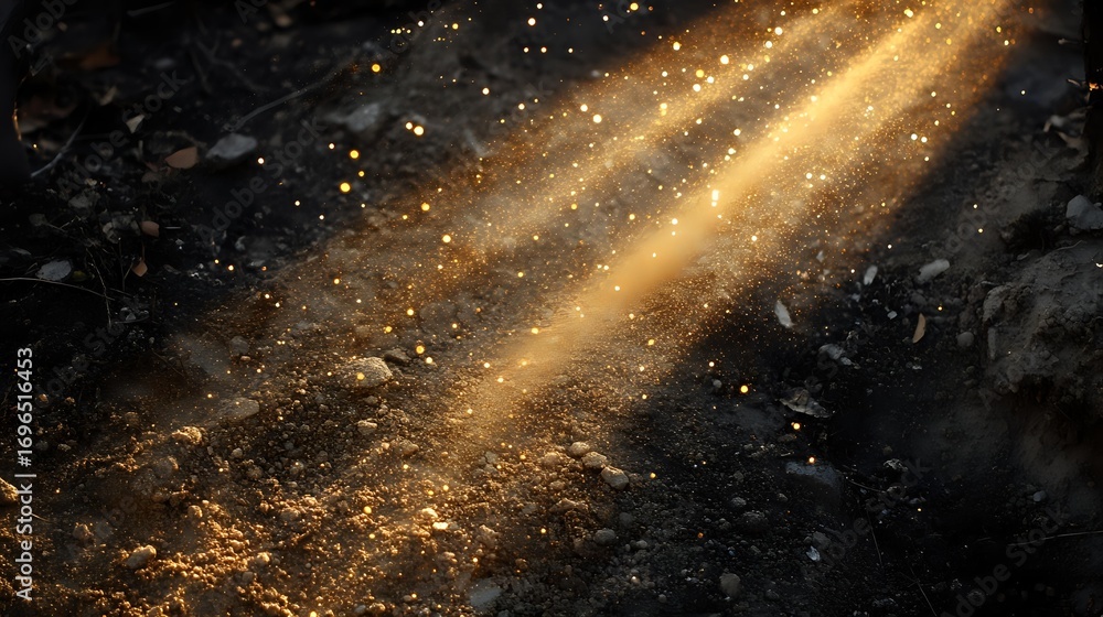 Poster dramatic golden light rays pierce through dark atmosphere with floating dust particles creating magi