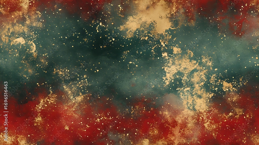 Poster dramatic cosmic abstract background with deep red and teal green colors blending into golden celesti