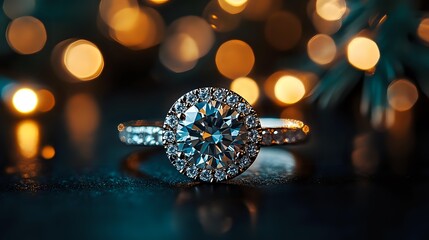 Fototapeta premium Diamond engagement ring with round brilliant cut center stone surrounded by halo setting on dark background with golden bokeh lights creating romantic atmosphere.