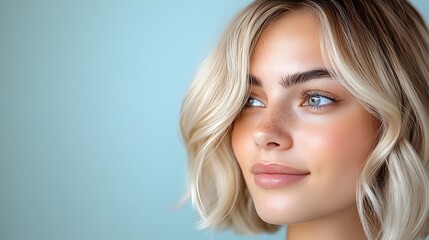 Fototapeta premium Young blonde woman with natural makeup and wavy hair against blue background, soft lighting creates gentle shadows highlighting facial features and glowing skin.