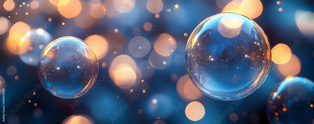 Poster transparent soap bubbles floating against dark blue background with golden bokeh lights creating mag
