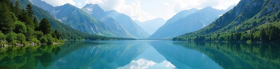 Serene mountain lake reflecting the majestic peaks, surrounded by lush greenery and tranquil waters Perfect for travel, nature, and landscape projects , pure, crystal