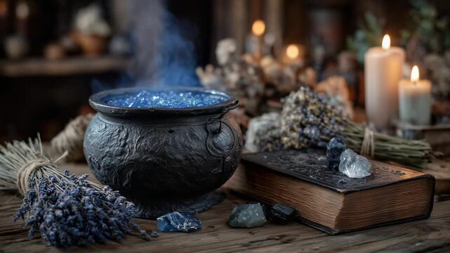 Enchanting Gothic scene featuring a bubbling witch cauldron, blue smoke, candlelit shadows, dried lavender, black crystals, and an ancient leather-bound grimoire.