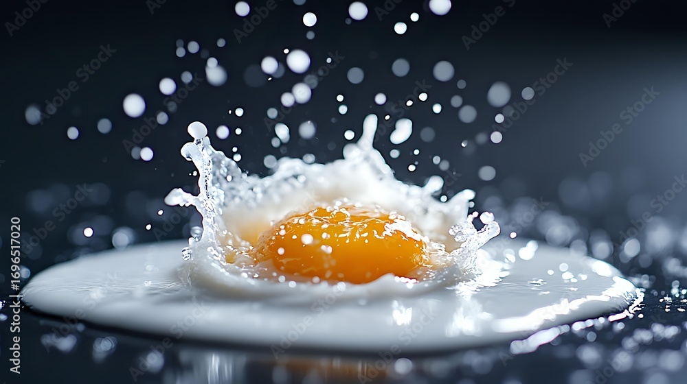 Aufkleber raw egg yolk splashing in white liquid creating dynamic crown splash effect with droplets against da