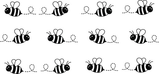 Naklejka premium Cute cartoon bees flying in a playful pattern with dotted trails