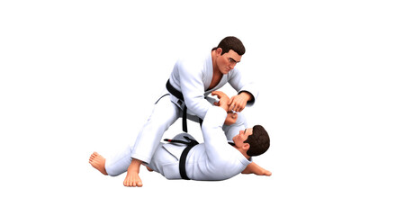 3d cartoon jiujitsu grapple intense martial arts match, dynamic takedown, focused determination, isolated on transparent background