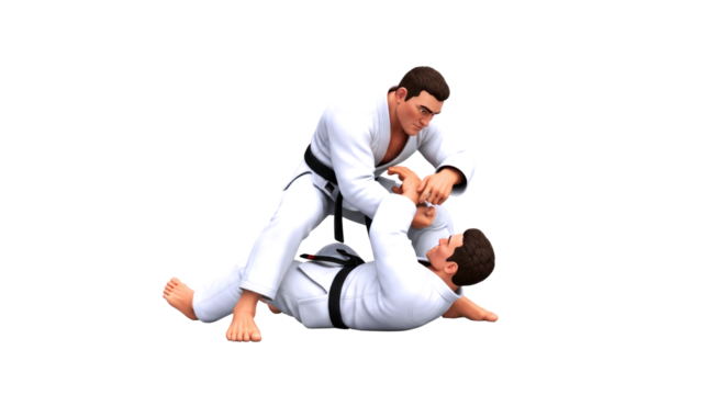 3d cartoon jiujitsu grapple intense martial arts match, dynamic takedown, focused determination, isolated on transparent background