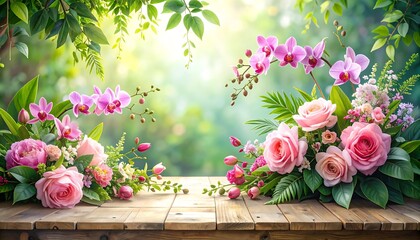 A springtime arrangement of vibrant pink roses and orchids, artfully displayed on a rustic wooden surface, bathed in soft natural light, showcasing a serene and beautiful floral display.