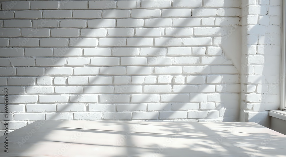 Poster sunlight and shadows cast geometric patterns on white brick wall, creating minimalist architectural 