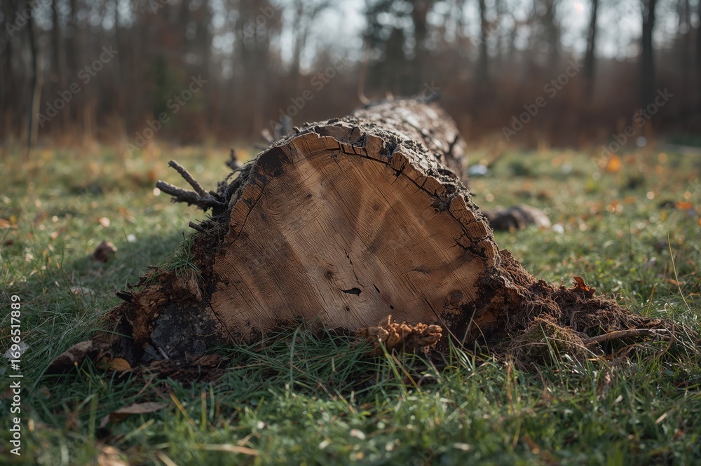 Poster tree stump lying on the soil with surrounding grass and wood.