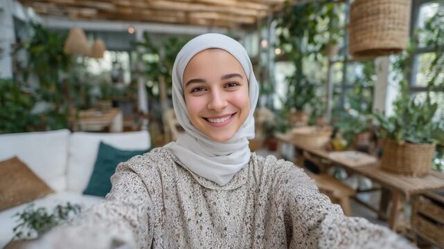 A stylish Muslim girl with a glowing complexion takes a selfie in a bright, airy living room adorned with natural textures and greenery.