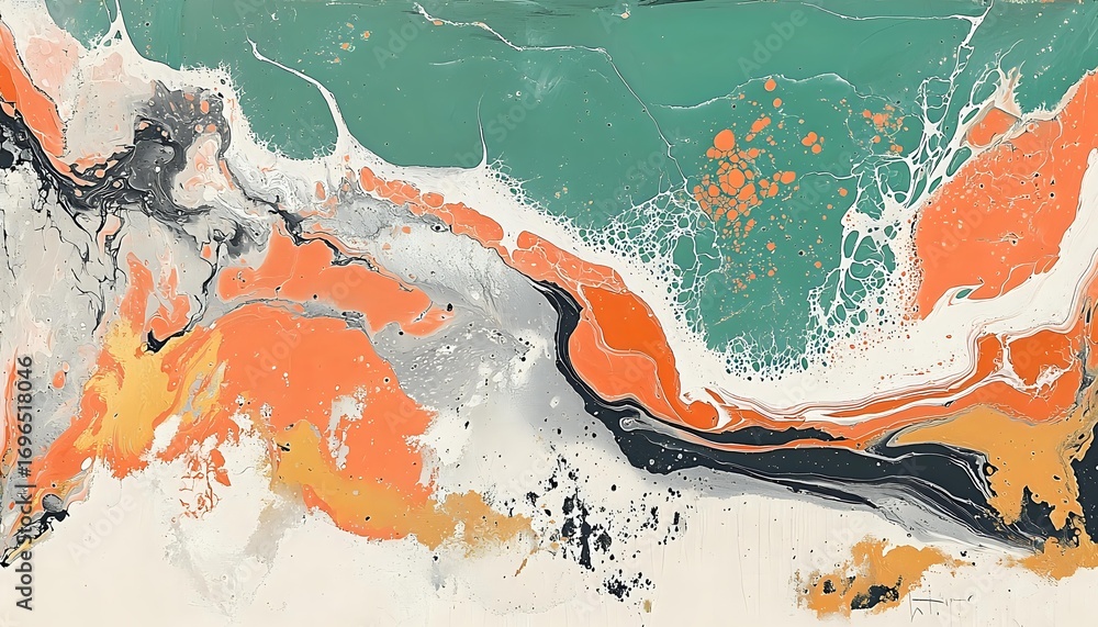 Poster abstract fluid art in orange, teal and white with dynamic swirling patterns and organic shapes creat