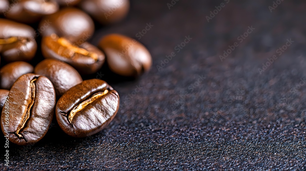 Poster roasted coffee beans scattered on dark textured background with copy space. close up macro shot show