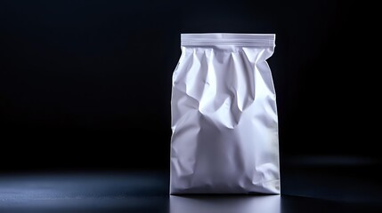 White blank foil or paper packaging bag standing on dark background with dramatic lighting, mockup for product design and branding presentation.