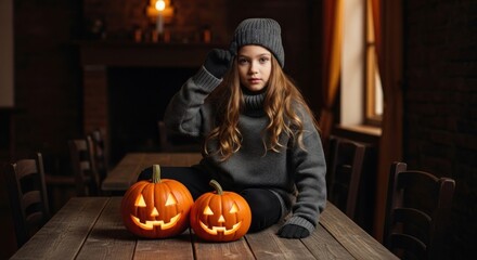 Girl in gray with halloween pumpkins sitting on a wooden table indoors
