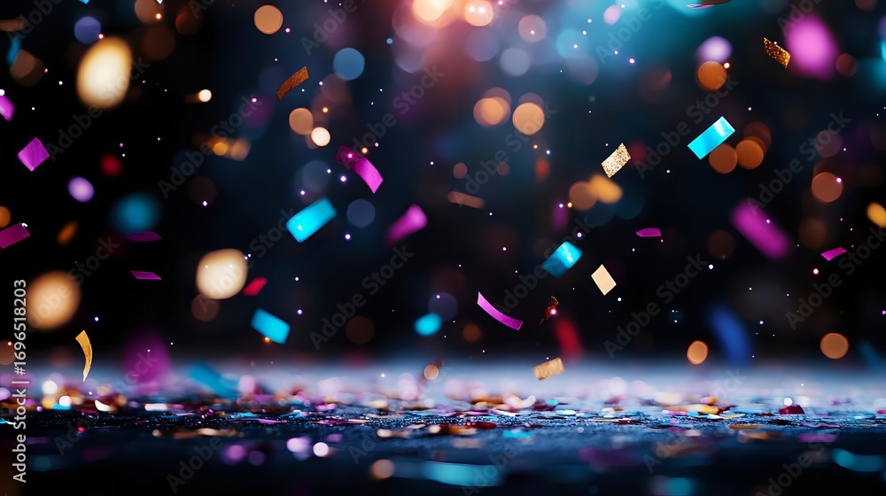 Poster colorful confetti and glitter scattered on reflective surface with blurred bokeh lights creating mag