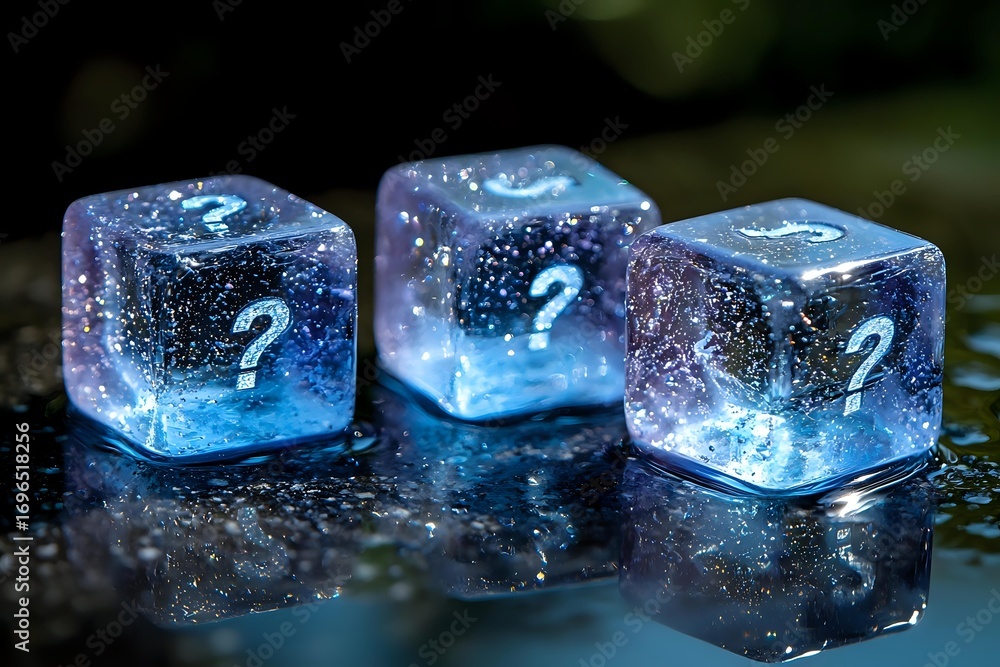 Poster glowing translucent dice with question marks cast in mystical blue and purple hues on reflective wet