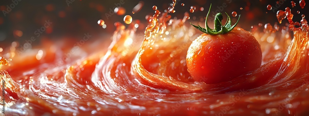 Poster fresh ripe tomato splashing in swirling red juice with dynamic water drops and motion effect creatin