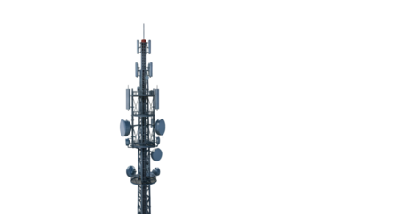 Cell Tower with Antennas and Dishes Against Black Background