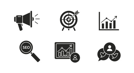 Set of marketing and business icons, including megaphone, target, graph, magnifying glass, and user icons.