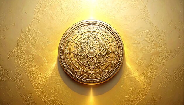 Ornate gold circular design on a textured gold background.