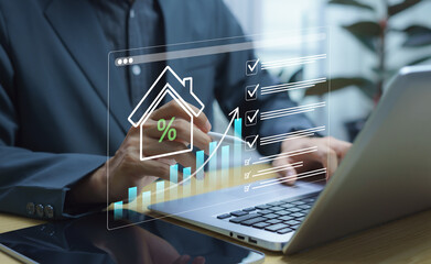 Businessman managing real estate online with property analysis, checklist for buying and selling...