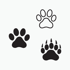 Fototapeta premium Animal Paw Print Silhouettes Vector – Dog, Cat, and Bear Tracks Isolated on White Background