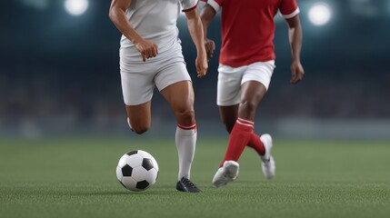 Obraz premium regional sports final Football players in action, competing on a vibrant field under stadium lights.