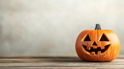 Carved jack-o'-lantern on rustic wooden table in autumn setting