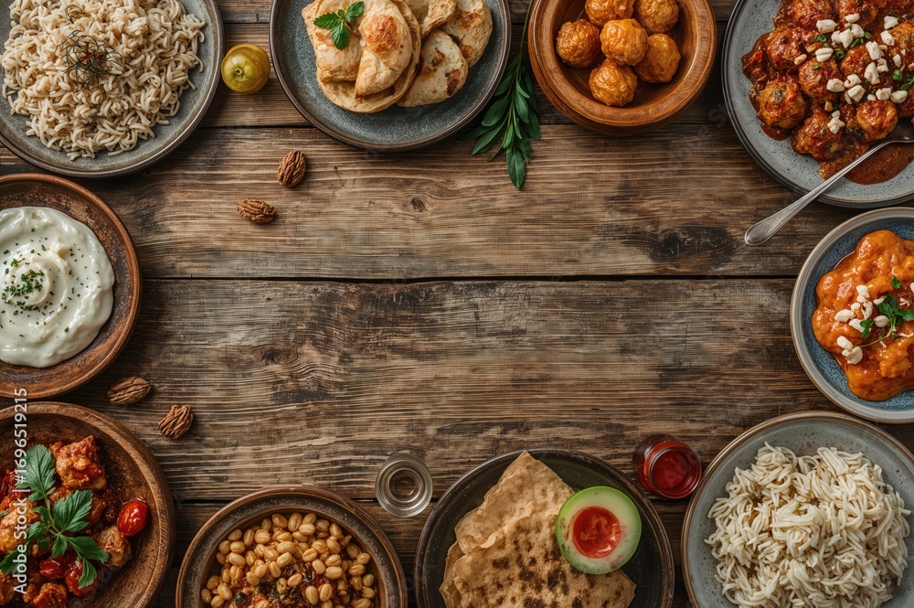 Poster rustic style background for a food menu. overhead view with empty space for text.