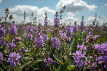 Obraz premium Vibrant purple and pink blossoms flourishing among lush green foliage, perfect as a backdrop