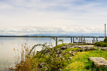 Obraz premium Cortaillod, Petit-Cortaillod, Neuenburgersee, Seeufer, Uferweg, Schilf, Naturschutz, Wasservögel, Dorf, Schiffssteg, Frühling, Neuchâtel, Schweiz 