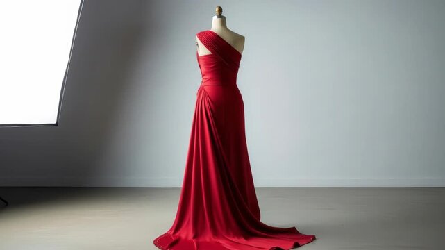 Elegant red dress on mannequin highlighting flowing design and tailored silhouette