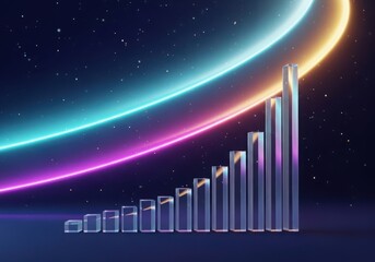 Abstract 3d bar chart showing growth and progress against a dark starry background with neon rings