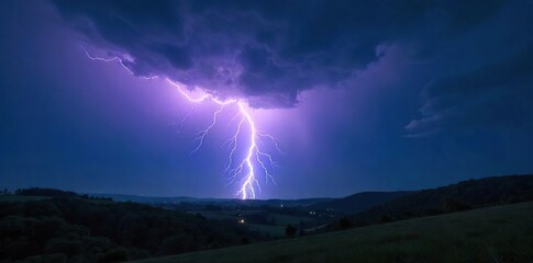 Dramatic Lightning Storm Illuminates Rolling Hills and Dark Night Sky, Powerful Electrical Display over Silhouetted Landscape