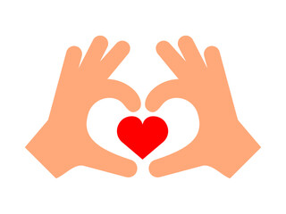 Two hands creating a heart shape with a red heart inside. Love, compassion, kindness, care symbol. Friendship, emotions, unity and support emoticon. Love you gesture message. Vector illustration.